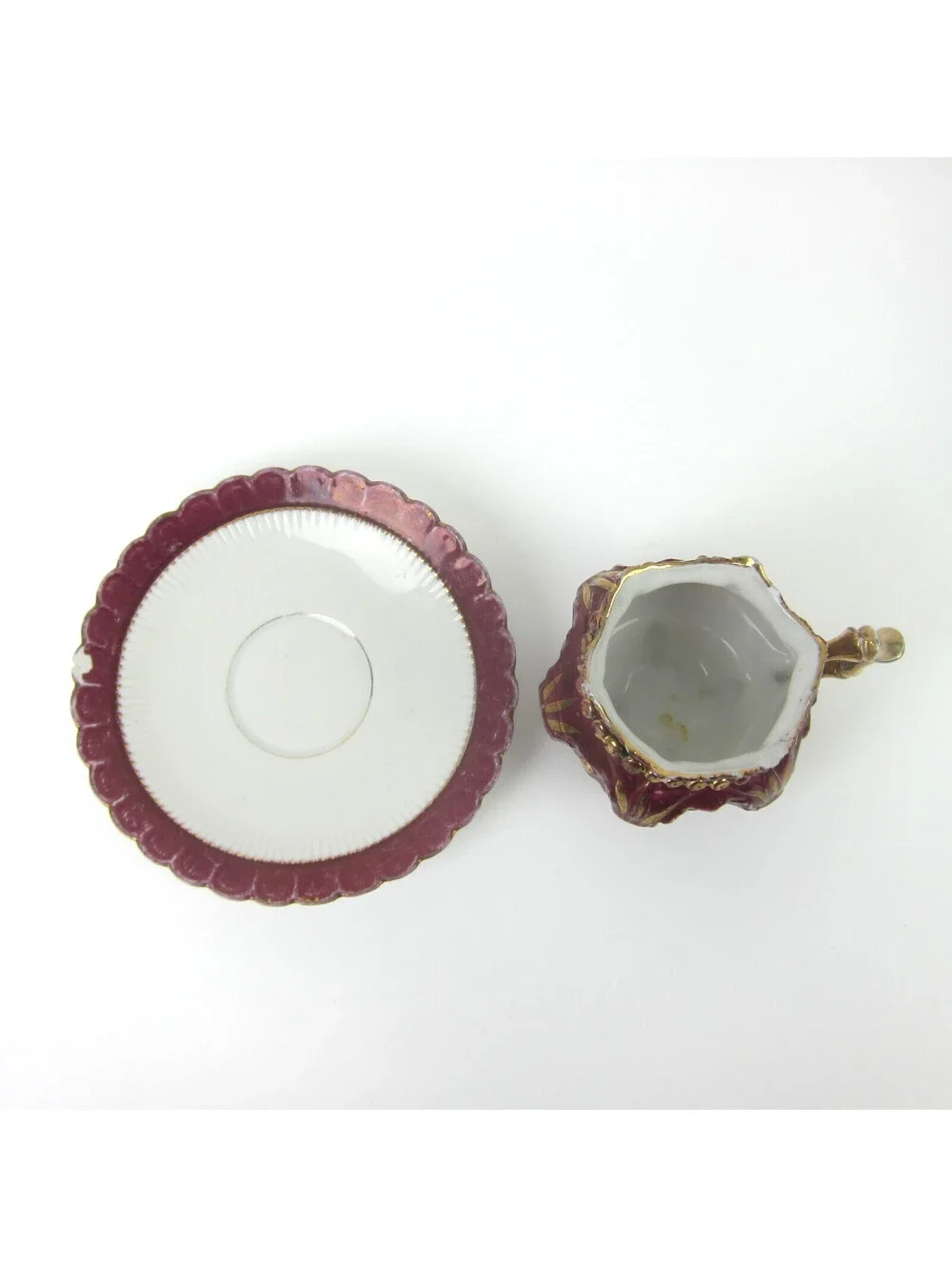 Antique Porcelain Footed Tea Cup & Saucer Set Burgundy & Gold Floral Demitasse